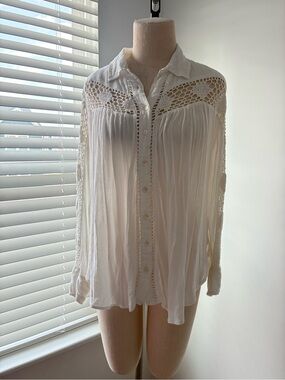 Free People Women's Katie Bird Crochet Inset White Button Down Top